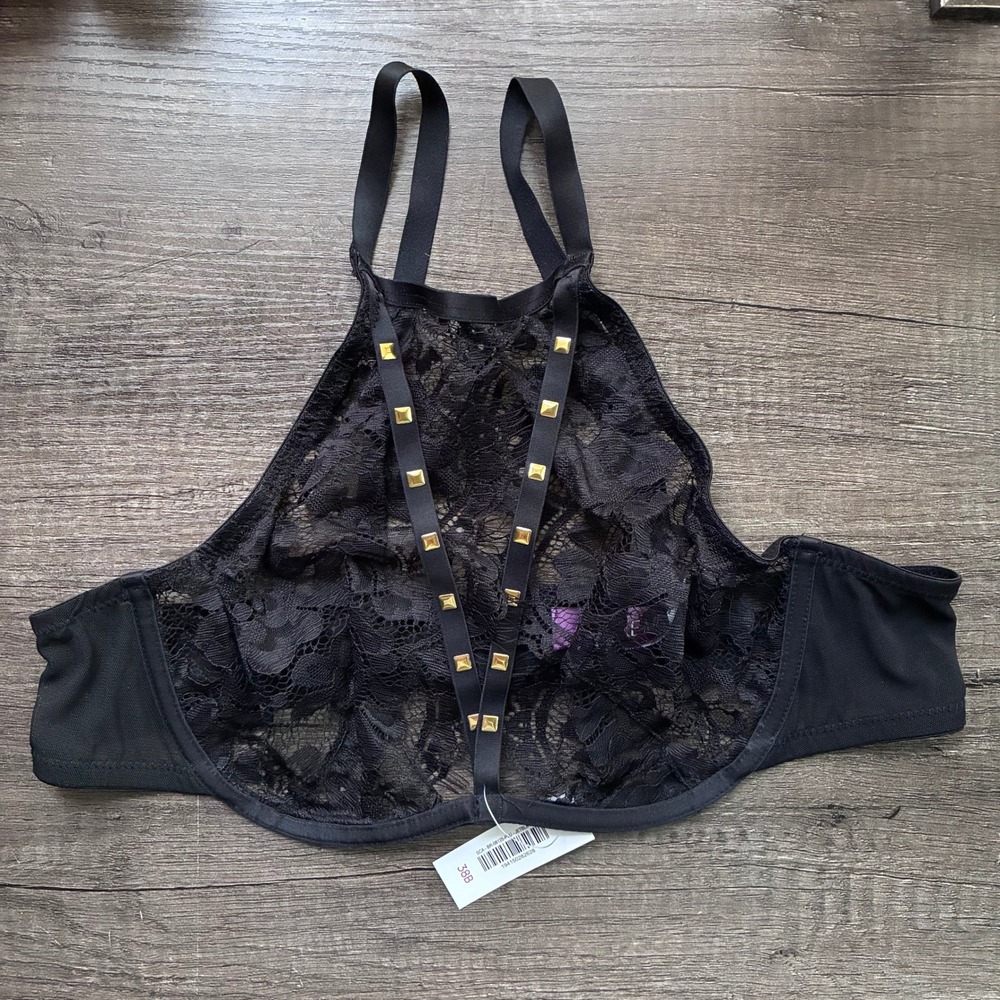 Adore Me Emmeline Black Lace Studded Halter‎ Plunge Bra 38B Jet Black NWT